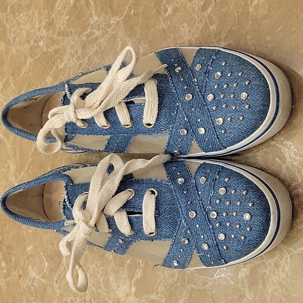 ***Stuart Weitzman Blue Faded Denim & Nude Mesh Rhinestoned Soccer Shoe,  6.5B